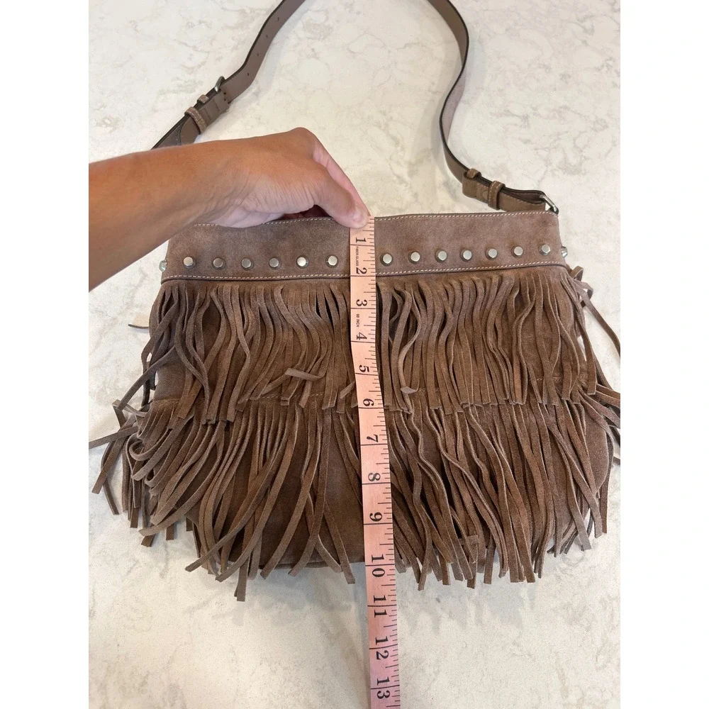 Michael Kors Billy Brown Suede Fringe Studded Crossbody Bag Western Boho Large